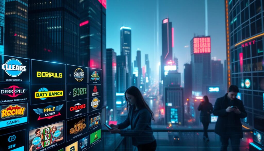 A futuristic cityscape at night, with neon-lit high-rise buildings and skyscrapers reflecting in the sleek glass surfaces. In the foreground, a virtual interface showcases a variety of online casino games, their logos and interfaces pulsing with dynamic energy. The middle ground features people glued to their mobile devices, engrossed in gameplay, while the background is a hazy blend of moving lights and digital patterns, evoking the rapid pace of technological progress in the online gambling industry. The scene is illuminated by a cool, electric glow, giving it a sense of cutting-edge innovation and technological sophistication.