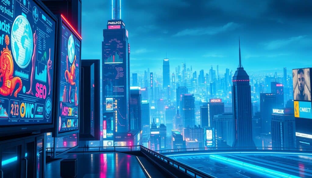 A futuristic cityscape, bathed in a neon glow, showcasing the evolution of online entertainment and SEO strategies. In the foreground, digital signage displays vibrant animations, hinting at the immersive experiences awaiting visitors. The middle ground features towering skyscrapers, their facades adorned with intricate data visualizations, symbolizing the deep analytics powering effective SEO. In the background, a sprawling metropolis stretches out, its skyline punctuated by cutting-edge architectural designs, suggesting the rapid technological advancements transforming the online entertainment industry. The scene is illuminated by a cool, electric-blue lighting, creating a sleek, sophisticated atmosphere that captures the future direction of娛樂城SEO.