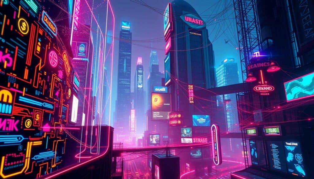 A futuristic cityscape bathed in neon, where the lines between digital and physical reality blur. In the foreground, a holographic interface flickers with data streams and virtual currency symbols, hinting at the ubiquity of online gambling. The middle ground features towering skyscrapers, their facades adorned with digital signage promoting the latest in high-tech betting platforms. In the background, a network of glowing cables and interconnected devices weaves a complex web, symbolizing the technological infrastructures that enable and accelerate the rise of illicit online gambling. The scene conveys a sense of both wonder and unease, reflecting the transformative power of technology and the challenges it poses to traditional regulatory frameworks.