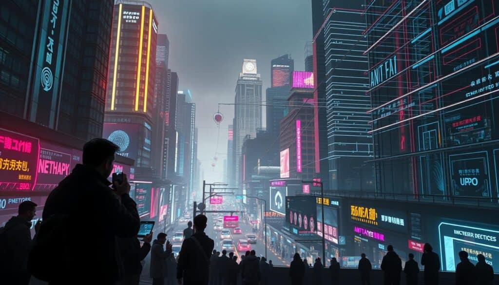 A futuristic cityscape with high-rise buildings and bustling streets, illuminated by a vibrant neon glow. In the foreground, a group of people stand vigilant, examining their smartphones and computer screens, alert to the potential threats of financial fraud. The middle ground features security checkpoints, biometric scanners, and anti-hacking protocols, creating a sense of technological vigilance. In the background, a grid of data streams and security protocols weaves through the urban landscape, symbolizing the multi-layered defenses against financial scams. Soft, diffused lighting casts an air of seriousness and urgency, underscoring the importance of these anti-fraud measures. The overall tone is one of high-tech security and proactive protection in the digital age.