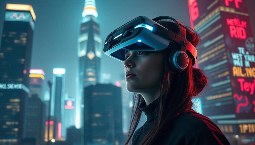 A futuristic cityscape with towering skyscrapers and holograms illuminating the night sky. In the foreground, a woman in an augmented reality headset, her eyes filled with wonder as she navigates a virtual world. Soft, ambient lighting creates an atmosphere of technological wonder, while subtle hints of neon and holographic displays suggest the rapid advancements of the digital age. The scene conveys a sense of progress and innovation, where the lines between the physical and digital realms blur, offering a glimpse into the transformative power of technology and its impact on human experience.