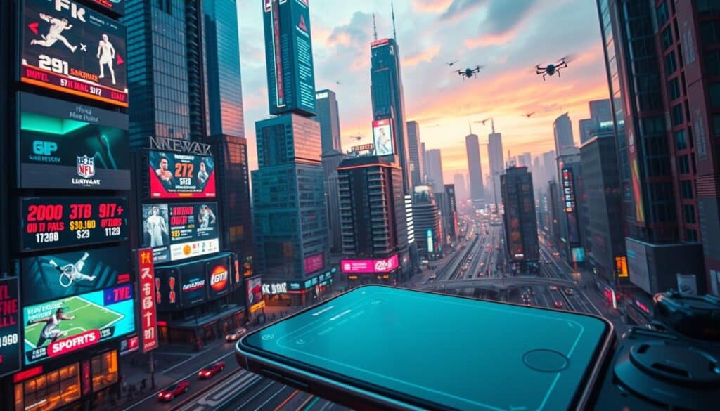 A futuristic cityscape with towering skyscrapers and neon-lit billboards, holograms, and digital screens displaying real-time sports scores and betting odds. In the foreground, a sleek, minimalist smartphone app interface with a clean user experience and intuitive controls. The background features a bustling metropolis with flying cars, drones, and advanced transportation systems. The scene is bathed in a warm, vibrant color palette, evoking a sense of energy and technological progress. Crisp, high-resolution photography with a wide-angle lens and cinematic lighting creates a visually stunning, immersive scene that captures the future potential of real-time sports betting and entertainment apps.