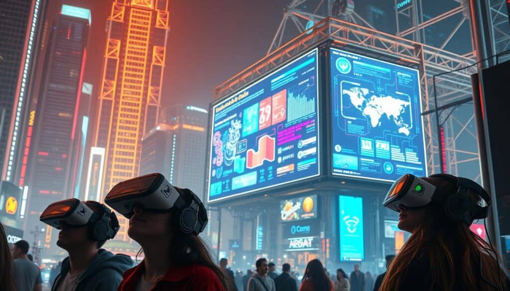 A futuristic cityscape with towering skyscrapers, neon-lit streets, and a bustling digital landscape. In the foreground, a group of gamers immersed in virtual reality headsets, their faces illuminated by the glow of the screens. In the middle ground, a large digital billboard displays vibrant graphics and data visualizations, highlighting the impact of digital transformation on the gaming industry. The background is dominated by a network of interconnected cables, servers, and technology infrastructure, symbolizing the technological advancements that are driving the evolution of the gaming sector. Soft, warm lighting creates a sense of dynamism and energy, capturing the excitement and innovation within the digital gaming realm.