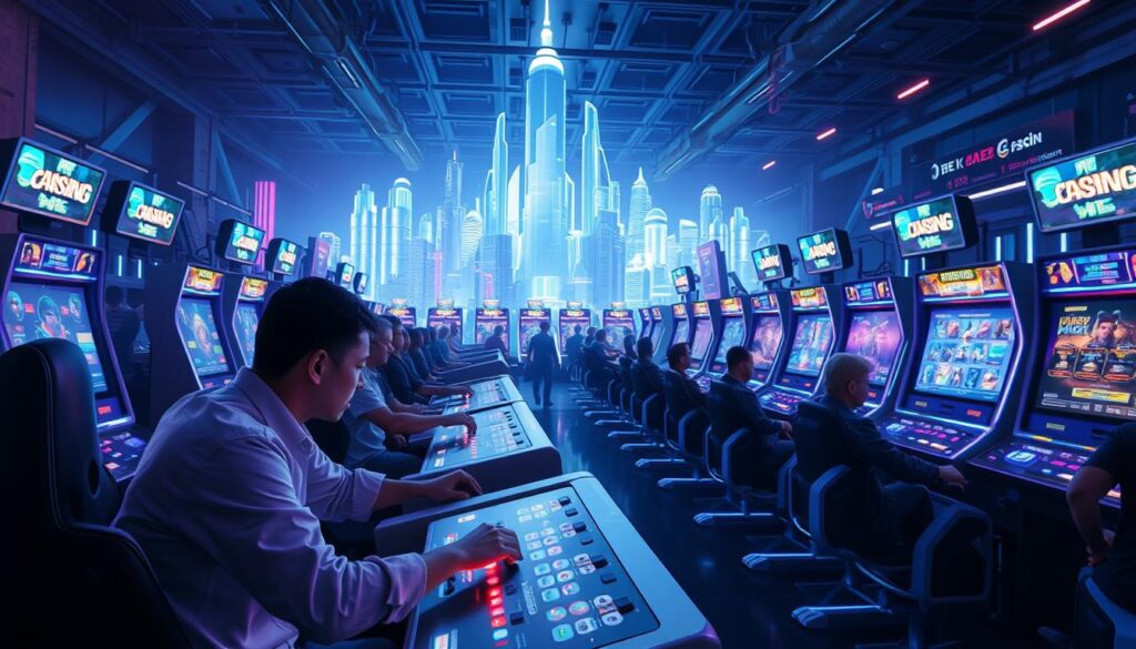 A futuristic digital arcade, neon-lit and bustling with activity. In the foreground, a player sits intently before a sleek gaming console, fingers dancing across the controls as they navigate a high-stakes online casino game. The middle ground is filled with a sea of similar stations, each occupied by a focused player, creating an atmosphere of intense competition and strategy. In the background, a towering holographic skyline shimmers, adding to the sense of technological advancement and immersion. Soft, directional lighting casts dramatic shadows, heightening the drama and intensity of the scene. The overall mood is one of modern, thrilling gameplay, where skill and strategy reign supreme in the ultimate online entertainment experience.