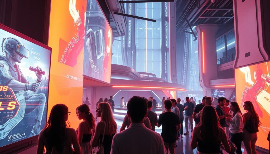 A futuristic entertainment complex, its interiors bathed in a warm, neon-infused glow. Holographic displays showcase the latest gaming technology - immersive virtual reality rigs, motion-controlled interfaces, and dynamic, responsive environments. In the foreground, a group of captivated patrons, their faces lit by the flickering screens, their bodies swaying in sync with the on-screen action. The middle ground reveals a sleek, minimalist bar, where patrons sip cocktails and discuss the latest advancements, while the background showcases the towering, streamlined architecture, hinting at the cutting-edge innovations that permeate every aspect of this modern entertainment hub.