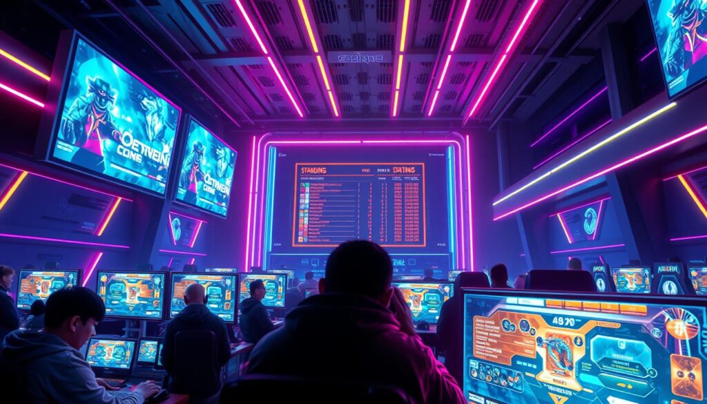 A futuristic gaming arena with vibrant neon lights and holographic screens displaying real-time game data. In the foreground, a group of players intently focused on their virtual battles, their faces lit by the glow of the displays. In the middle ground, a large central scoreboard showcases the current standings, updated in real-time. The background features a sleek, minimalist interior with sleek lines and sharp angles, creating a sense of technological sophistication. The entire scene conveys the high-stakes, fast-paced nature of online casino gaming, where split-second decisions and precise timing are crucial to success.