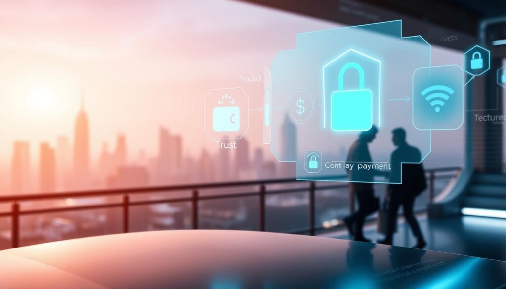 A futuristic, holographic payment interface hovers above a sleek, metallic surface, showcasing a range of secure payment options. The scene is bathed in a soft, ambient glow that suggests a sense of trust and reliability. In the foreground, a digital wallet icon and contactless payment symbols float, highlighting the convenience and safety of the systems. The middle ground features silhouettes of users interacting with the interface, their movements fluid and natural. In the background, a city skyline can be seen, suggesting the global interconnectivity and accessibility of these advanced payment methods. The overall composition conveys a sense of technological sophistication, personal security, and seamless financial transactions.