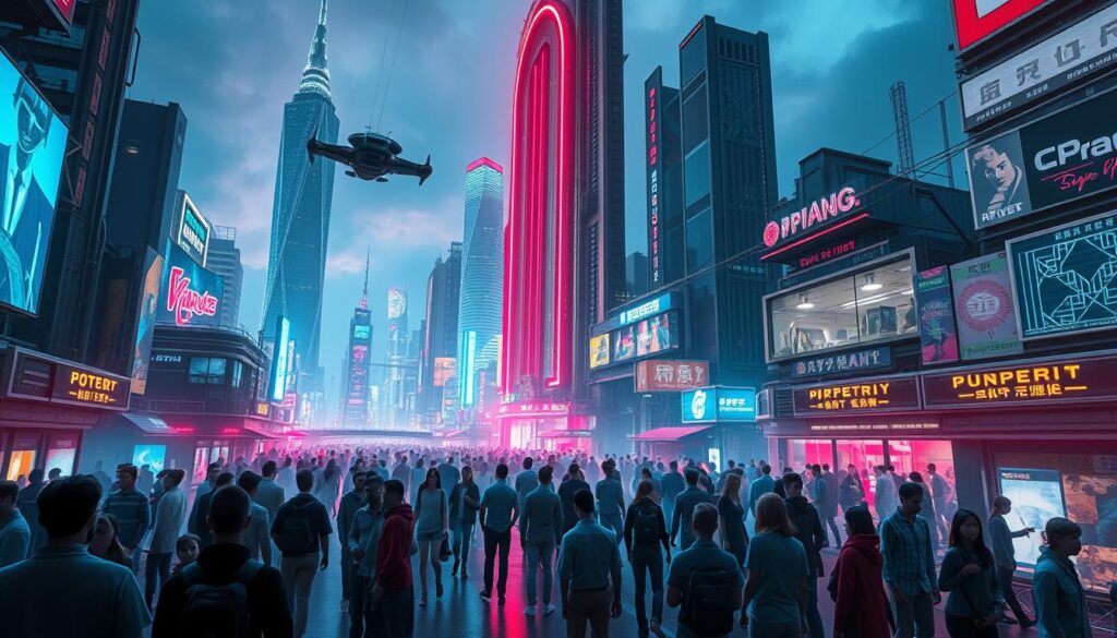 A futuristic metropolis rises, its towering skyscrapers and gleaming spires piercing the sky. In the bustling streets, three-dimensional virtual avatars mingle with the human populace, their lifelike forms indistinguishable from the real. Neon lights cast a vibrant glow, illuminating the seamless integration of the digital and physical realms. Holograms flicker and dance, projecting vivid scenes of a technological wonderland. Sleek transportation pods glide effortlessly through the air, while advanced robotics and AI assist the inhabitants in their daily lives. This is the convergence of the future city and the virtual persona, a captivating fusion of the tangible and the imagined.