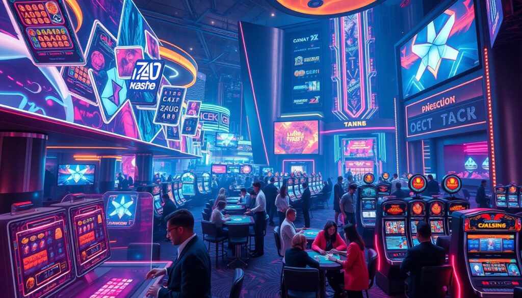 A futuristic, neon-lit casino scene featuring the latest online gambling games. In the foreground, holographic game interfaces and displays float and shimmer, inviting players to try their luck. The middle ground is populated by stylishly dressed patrons engaged in high-stakes card games and slot machine tournaments, bathed in the glow of vibrant LED lighting. In the background, a towering, ultramodern casino facade with sleek, angular architecture and dynamic video screens showcases the cutting-edge technology and entertainment on offer. An atmosphere of excitement, anticipation, and the promise of big wins permeates the scene, capturing the essence of the newest and most advanced casino gaming experiences.