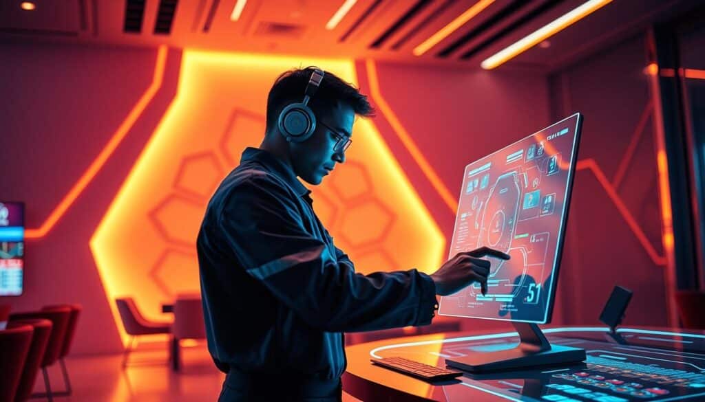A futuristic online casino undergoing digital repair, with a technician working intently at a holographic control panel. The scene is bathed in a warm, neon-tinged lighting, creating an atmospheric and high-tech ambiance. The background features a sleek, minimalist casino interior, with abstract geometric patterns on the walls and subtle metallic accents. The technician's posture and the way they interact with the holographic interface convey a sense of focused determination, as they work to restore the casino's functionality and ensure a seamless gaming experience for the players.