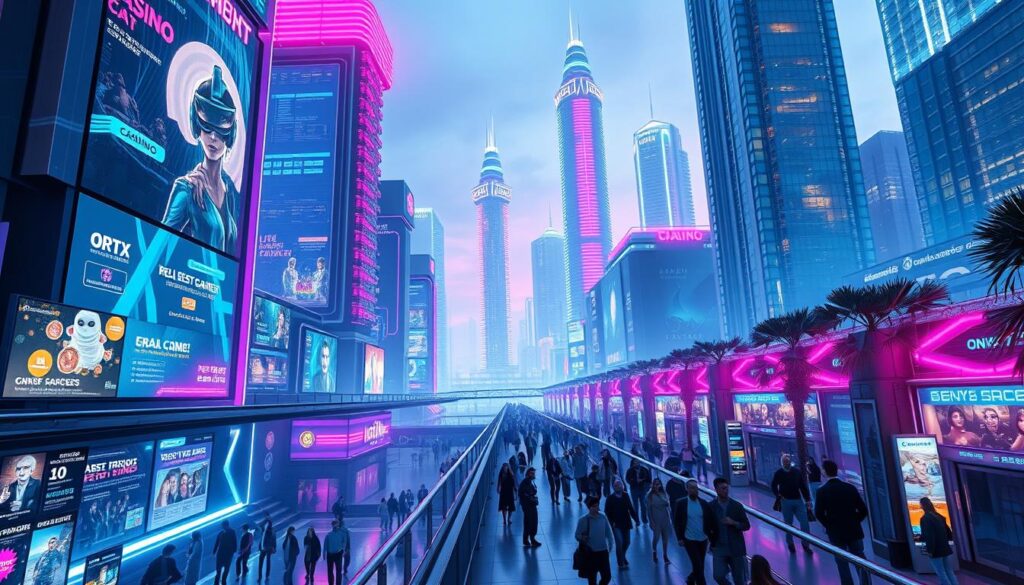 A futuristic online entertainment city with neon-lit skyscrapers, holographic displays, and a bustling crowd of tech-savvy patrons. In the foreground, a sleek, modern casino facade with a towering virtual reality gaming lounge. Vibrant digital billboards and holograms showcase the latest interactive casino games, live-streamed tournaments, and exclusive VIP experiences. The middle ground features a bustling walkway with people navigating through the high-tech landscape, some stopping to interact with interactive kiosks or virtual concierges. The background showcases a skyline of gleaming towers, their windows reflecting the glow of the city's vibrant nightlife. The scene is bathed in a cool, futuristic color palette, with neon accents and dynamic lighting creating an immersive, high-tech atmosphere.