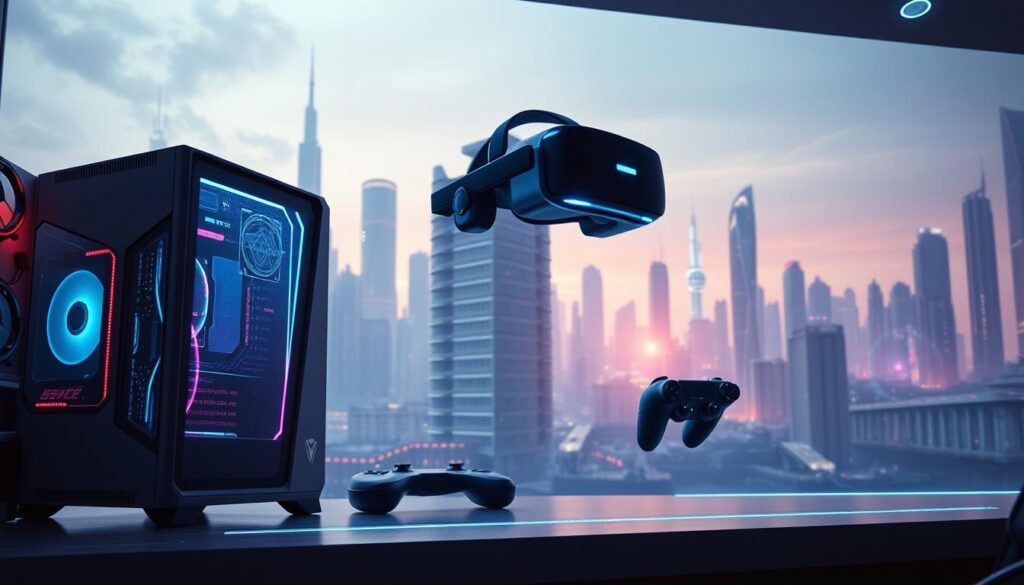 A futuristic scene of a gaming setup with cutting-edge technology. In the foreground, a sleek, high-performance gaming computer with a holographic display showcases vibrant, immersive gameplay. The middle ground features a virtual reality headset and haptic controllers, blending the physical and digital realms for a seamless, immersive experience. In the background, a cityscape of towering skyscrapers and advanced infrastructure symbolizes the integration of technology and entertainment. Soft, ambient lighting and a cool color palette create a sense of sophistication and innovation, reflecting the power of technology to elevate the gaming experience.