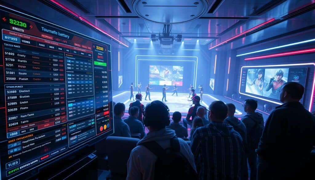 A futuristic scene of a virtual esports betting arena. In the foreground, a holographic display shows various betting options and odds for an ongoing esports tournament. Bettors lean in, captivated by the dynamic visuals and real-time data. In the middle ground, avatars representing different esports teams face off on a luminescent playing field, their intense competition reflected in the anxious expressions of the spectators. The background is a sleek, minimalist environment with subtle neon accents, evoking the high-tech, immersive nature of modern esports gambling. Dramatic cinematic lighting casts dramatic shadows, heightening the sense of anticipation and excitement. The overall mood is one of futuristic sophistication, blending the thrill of competition with the allure of high-stakes betting.