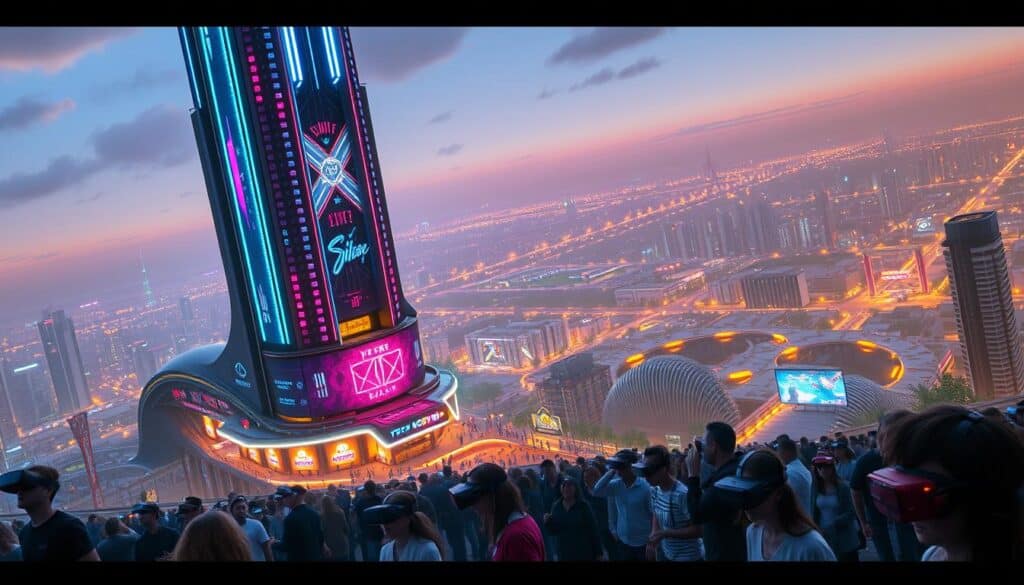 A futuristic virtual reality landscape, with a sleek and stylish entertainment complex towering in the foreground. The building's exterior is adorned with holographic displays and pulsing neon lights, creating an immersive and captivating atmosphere. In the middle ground, a crowd of people wearing VR headsets are engaged in interactive gaming experiences, their movements and expressions conveying a sense of excitement and wonder. The background is a panoramic vista of a sprawling city, its skyscrapers and infrastructure blending seamlessly with the virtual realm. The scene is bathed in a soft, warm glow, evoking a sense of technological sophistication and the limitless possibilities of virtual entertainment.
