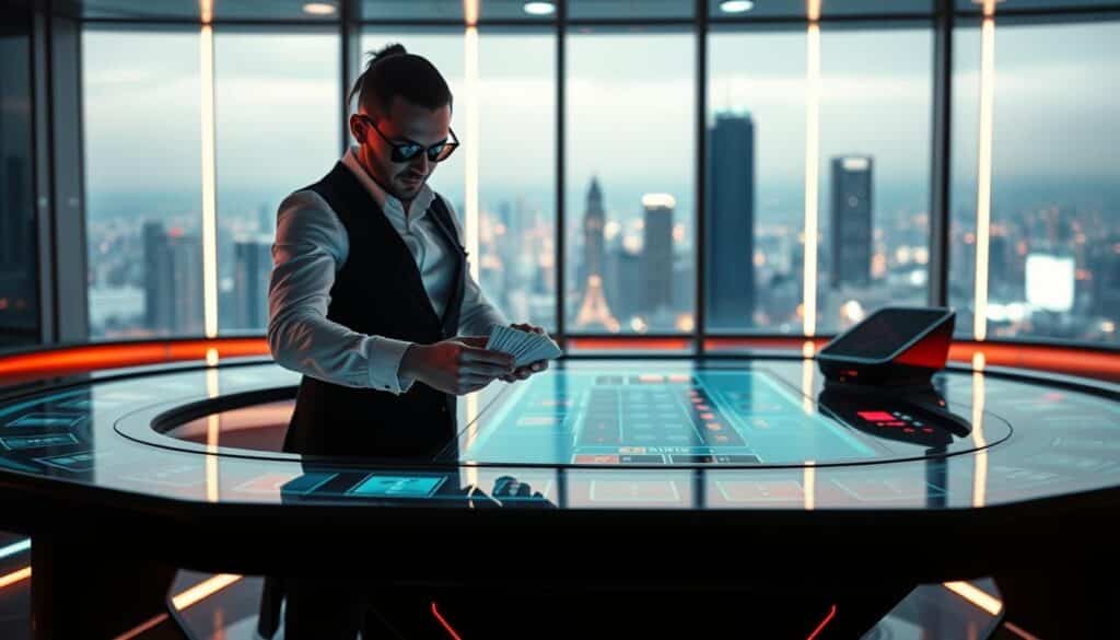 A futuristic vision of the evolution of baccarat, set against a sleek, modern backdrop. In the foreground, a dealer expertly shuffles a deck of cards, their deft movements captured in crisp, high-contrast lighting. The middle ground features a stylized baccarat table, its surface a seamless integration of advanced digital displays and touch-sensitive controls. In the background, a panoramic cityscape unfolds, hinting at the global reach and technological advancements transforming the world of gambling. The overall atmosphere conveys a sense of innovation, precision, and the endless possibilities that lie ahead for this timeless casino classic.