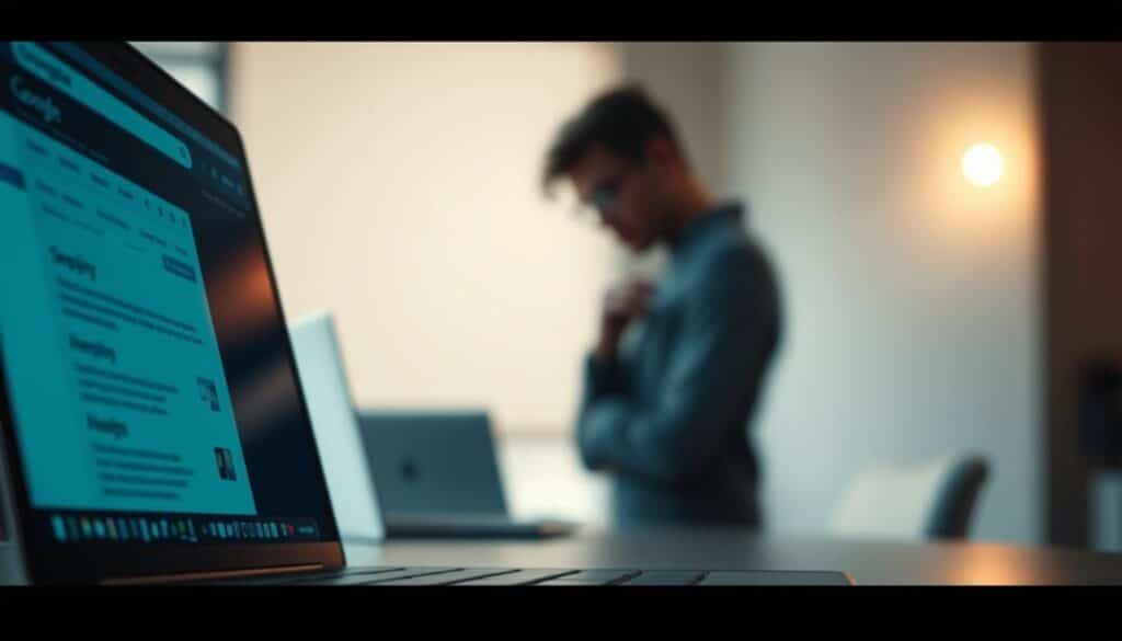 A gently lit, cinematic scene depicting the importance of search engine optimization. In the foreground, a laptop screen shows a search engine results page, with bold, eye-catching headings and relevant content. In the middle ground, a person intently studying the screen, pondering the significance of ranking highly in search results. The background features a blurred, minimalistic office setting, with clean lines and subtle textures, conveying a sense of focus and professionalism. The overall mood is one of contemplation and the recognition of SEO's power to enhance online visibility and reach. Soft, warm lighting creates an inviting, thoughtful atmosphere.