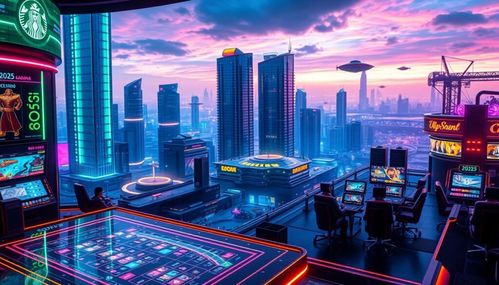 A gleaming, futuristic online casino in the year 2025, set against a backdrop of a dynamic cityscape. In the foreground, a sleek, high-tech interface with holographic displays and seamless interactions. Colorful neon lights and dynamic digital signage illuminate the scene, creating an immersive and visually striking atmosphere. The middle ground features towering skyscrapers, their glass facades reflecting the vibrant lights of the casino. In the distance, a futuristic skyline with hovering vehicles and advanced infrastructure, hinting at the technological advancements that have transformed the world of online entertainment. The overall mood is one of excitement, innovation, and a glimpse into the future of the online gambling industry.