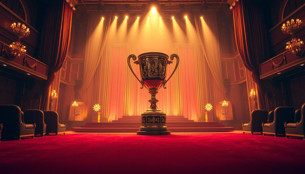 A gleaming golden trophy stands as the centerpiece, its intricate design and polished surface reflecting the spotlight shining from above. Surrounding it, a lavish stage is adorned with opulent curtains, plush seating, and an elegant backdrop that evokes the grandeur of a prestigious awards ceremony. The lighting is warm and dramatic, casting a warm glow that heightens the sense of celebration and prestige. In the foreground, a red carpet leads the eye towards the trophy, hinting at the hard-earned journey that led to this moment of triumph. The overall atmosphere is one of elegance, achievement, and the thrill of success in the glamorous world of entertainment.