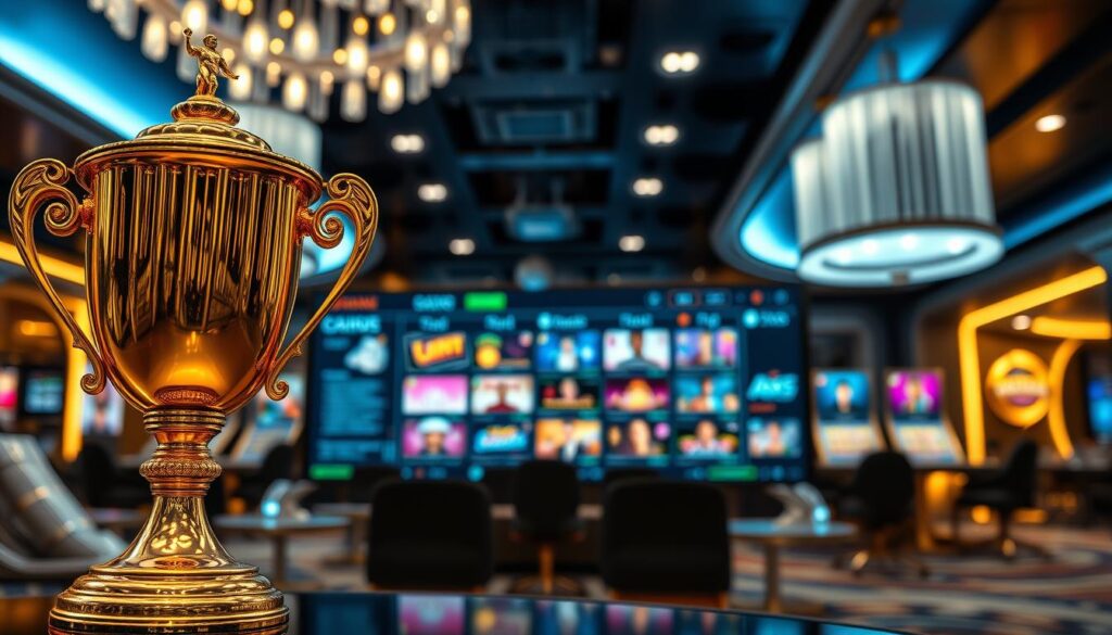 A gleaming golden trophy stands prominently in the foreground, its intricate details and metallic sheen capturing the viewer's attention. In the middle ground, a digital interface with various colorful buttons and icons representing different online casino games. The background is a sleek, modern casino interior, with elegant lighting and a sense of luxury. The overall scene conveys a sense of excitement and anticipation, inviting the viewer to explore the rewards and thrills of online gambling.