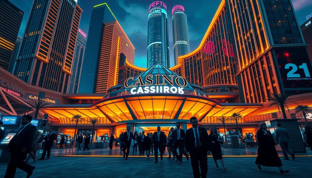 A gleaming, modern casino complex set against a backdrop of towering skyscrapers and a vibrant cityscape. The building's sleek, angular architecture is illuminated by warm, golden lighting, creating an inviting and luxurious atmosphere. In the foreground, a group of well-dressed patrons are seen entering the casino, their faces alight with excitement and anticipation. The scene is captured with a wide-angle lens, emphasizing the grand scale and scale of the establishment. The overall mood is one of success, prosperity, and the thrill of high-stakes entertainment.