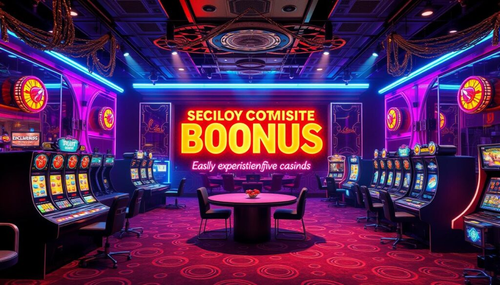 A gleaming online casino, its entrance adorned with neon lights and glittering decorations, beckons players to step inside and claim exclusive bonuses. The interior is luxurious, with plush carpets, sleek gaming tables, and flashing slot machines. Spotlights illuminate the action, casting a warm glow across the scene. In the center, a dazzling display showcases the casino's signature promotional offerings, from free spins to bonus cash. The atmosphere is one of excitement and anticipation, inviting players to indulge in the thrill of chance and the promise of exclusive rewards.