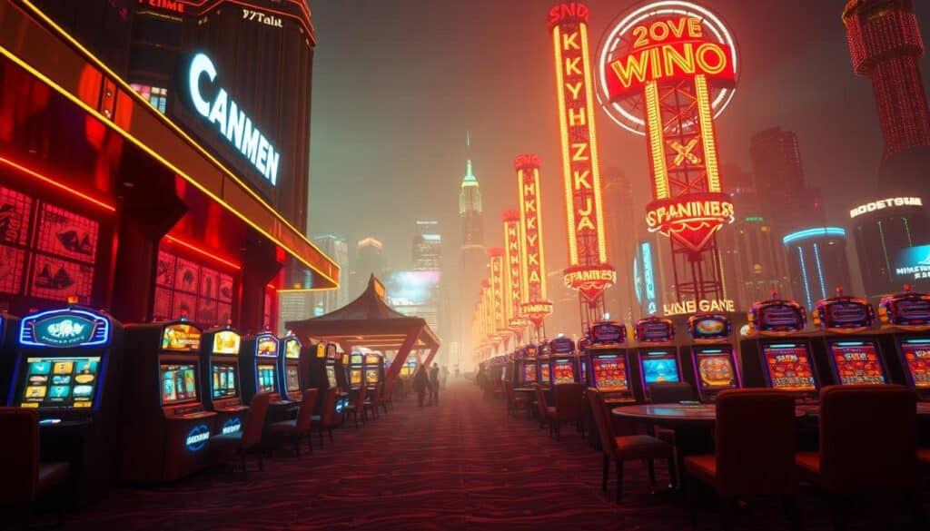 A glimmering online casino, its sleek facade bathed in a warm, inviting glow. Towering neon signs beckon players, promising thrilling games and the chance to win big. The interior is a lavish wonderland, filled with gleaming slot machines and elegant table games. Plush leather chairs and polished wooden surfaces exude an air of luxury. Soft, atmospheric lighting casts a gentle radiance, creating an immersive and alluring ambiance. In the background, the bustling city skyline provides a dynamic contrast, hinting at the excitement and opportunity that lie within this high-stakes entertainment destination.