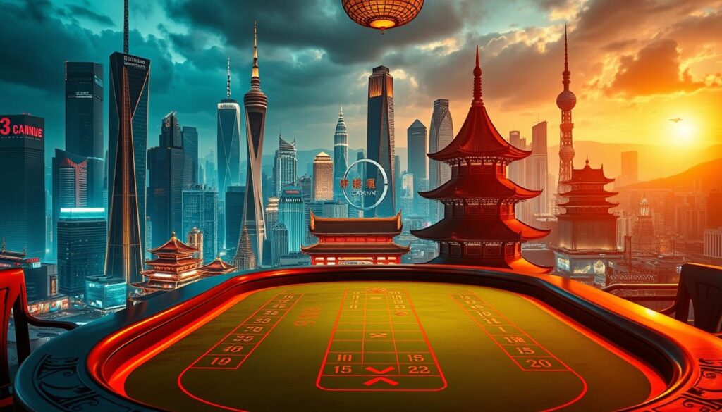 A global casino gaming table against a backdrop of international landmarks and cultural icons. In the foreground, the familiar green baize surface and carved wooden edges of a baccarat table, illuminated by warm, diffused lighting. Surrounding it, a panorama of skyscrapers, ancient temples, and bustling cityscapes - a visual metaphor for the worldwide reach and influence of this iconic game. The overall atmosphere is one of sophistication, modernity, and the blending of diverse cultural traditions. Through meticulous composition and photorealistic rendering, the image conveys the concept of "百家樂全球化" - the seamless integration of this quintessential gambling pastime into the fabric of global society.