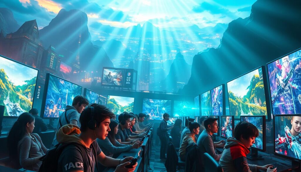 A global online gaming market teeming with untapped potential. Luminous screens illuminate a boundless digital landscape, where players from all corners of the world convene to immerse themselves in captivating virtual realms. Sleek, futuristic gaming consoles and devices take center stage, surrounded by a mosaic of vibrant, dynamic visuals - from lush, awe-inspiring landscapes to cutting-edge user interfaces. Rays of light cascade through vast, open spaces, casting a warm, inviting glow upon the scene. In the foreground, a diverse group of gamers, each with a unique playstyle and avatar, engage in enthralling multiplayer sessions, their expressions a vivid tapestry of excitement and concentration. The overall atmosphere conveys a sense of boundless potential, where the possibilities for growth and innovation in the global online gaming market are as infinite as the digital worlds they inhabit.