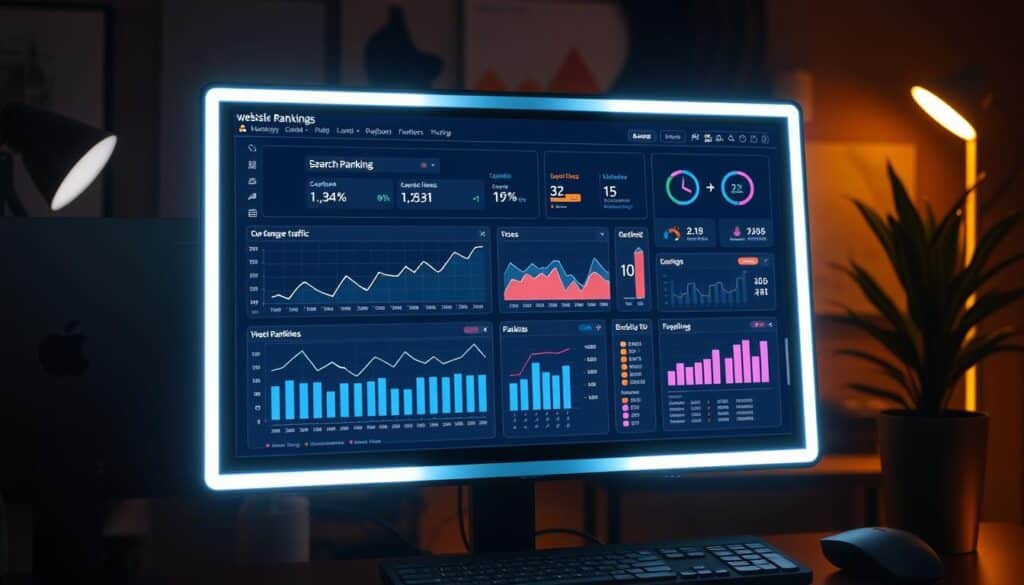 A glowing computer screen displays a comprehensive dashboard tracking website rankings and SEO performance metrics. In the foreground, an analytical graph visualizes the steady climb in search engine visibility over time, with trend lines and data points. The middle ground features a grid of charts and statistics, highlighting key performance indicators like organic traffic, keyword rankings, and backlink profiles. The background depicts a minimalist workspace, with a desktop computer, office supplies, and a potted plant, all bathed in a warm, focused lighting that creates a contemplative, professional atmosphere. The overall scene conveys a sense of data-driven strategic oversight, underscoring the continuous monitoring and optimization of a website's SEO effectiveness.