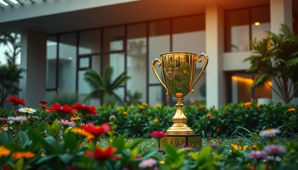 A golden trophy stands proudly in the center of the frame, its polished surface catching the warm, overhead lighting. The trophy is surrounded by a lush, green garden, with vibrant flowers and plants in the foreground, creating a sense of natural beauty and prosperity. In the background, a modern, minimalist building with clean lines and large windows suggests an upscale, contemporary setting. The overall composition conveys a sense of achievement, success, and the allure of the highest possible reward.