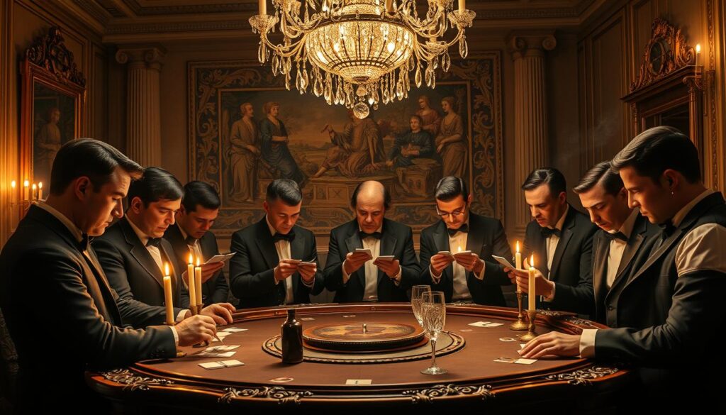 A grand 18th-century Parisian salon, bathed in warm candlelight. A group of well-dressed gentlemen gathered around an ornately carved baccarat table, engaged in an intense game of chance. The air is thick with the scent of fine tobacco and cognac, as they carefully study their cards, their expressions a mix of concentration and anticipation. In the background, a lavish tapestry adorns the wall, hinting at the opulence and history of this iconic French pastime. A meticulously crafted crystal chandelier casts a soft glow, illuminating the scene with a sense of elegance and refinement. The overall atmosphere evokes the Golden Age of French aristocracy, where the game of baccarat was a beloved pursuit among the elite.