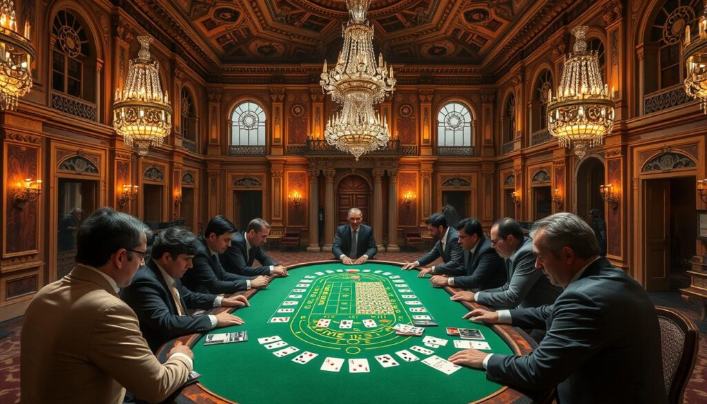 A grand Venetian palazzo, its ornate facade bathed in warm, golden light. At the center, a grand gaming hall, lavishly decorated with intricate marble, gilded moldings, and crystal chandeliers. Gentlemen in fine attire gather around a green baize table, their faces alight with anticipation as they engage in a spirited game of baccarat, the ancestral predecessor to the modern casino classic, blackjack. In the shadows, discreet croupiers orchestrate the rituals of this time-honored game, their practiced hands dealing the cards that decide fortunes. The air is thick with the heady mix of wealth, chance, and the thrill of the unknown - this is the birthplace of 百家樂, where the Italian gaming tradition first took root.
