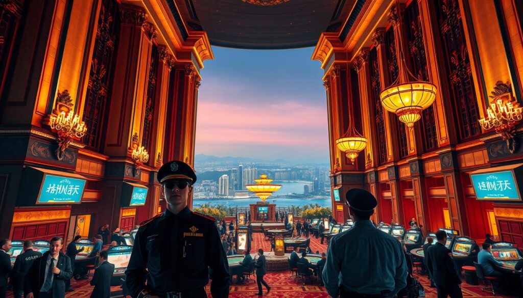 A grand and imposing casino facade, with towering columns and ornate architectural flourishes. In the foreground, uniformed security guards stand vigilant, their watchful gaze scanning the bustling crowd. The middle ground reveals the plush interior, with elegant chandeliers illuminating the gaming tables, where patrons engage in high-stakes games of chance. The background depicts a panoramic view of the cityscape, hinting at the grandeur and opulence of Macau's renowned gambling haven. The scene conveys an air of sophistication, security, and the thrill of the casino experience.