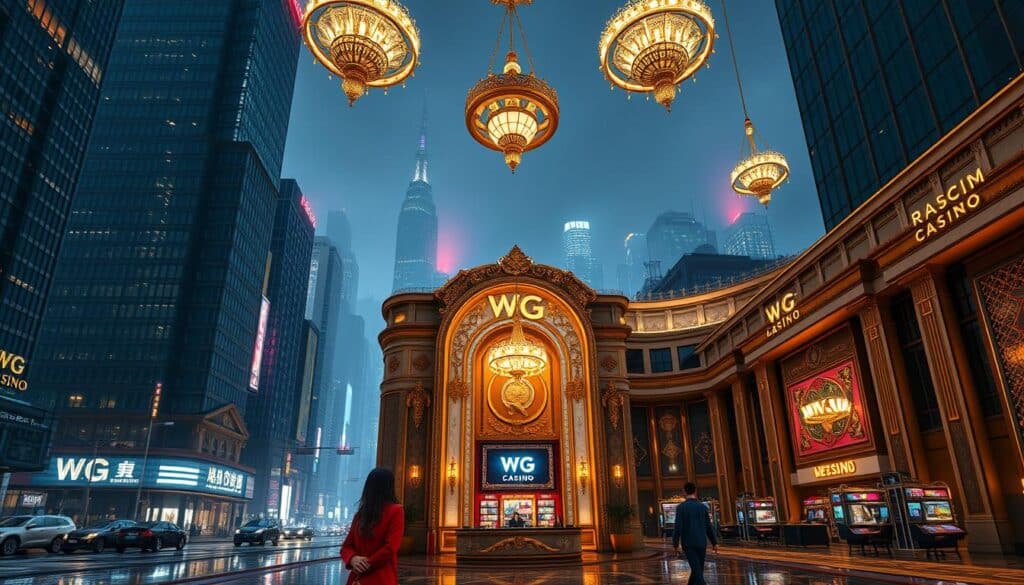 A grand and luxurious online casino, WG娛樂城, stands tall amid a cityscape of towering skyscrapers and neon-lit streets. The opulent facade, adorned with intricate gold detailing, exudes an air of sophistication and exclusivity. Elegant chandeliers illuminate the plush interiors, where guests are greeted by a marble reception desk and the inviting glow of gaming tables. In the distance, the glittering skyline frames the scene, creating a captivating blend of modern architecture and the allure of high-stakes entertainment. Soft, warm lighting casts a inviting ambiance, drawing visitors into a world of thrilling casino experiences and the promise of life-changing payouts.