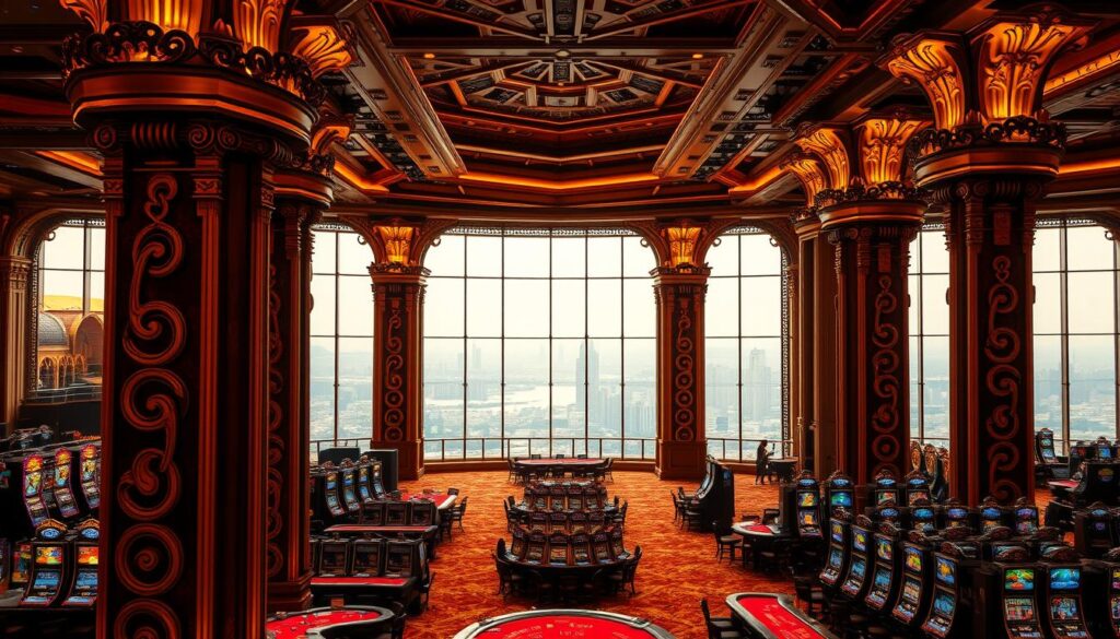 A grand and opulent Macau casino interior, bathed in warm, golden lighting. Striking architectural features dominate the foreground, with intricate, ornate columns and arches adorned with elaborate carvings and gilded accents. The middle ground features an expansive gaming floor, populated with rows of gleaming slot machines and polished baccarat tables. In the background, a panoramic vista of the city skyline is visible through expansive windows, creating a sense of grandeur and spectacle. The overall atmosphere is one of decadence, luxury, and artistic flair, perfectly capturing the unique design sensibilities of Macau's most iconic casino establishments.