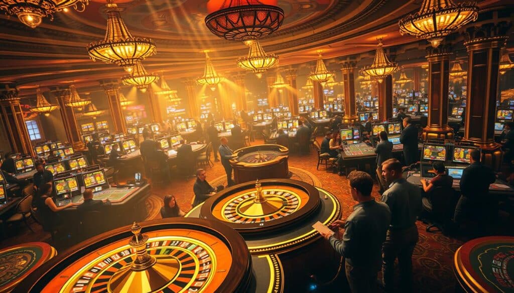 A grand and opulent casino interior, warm lighting casting a golden glow over a vast array of gaming tables. In the center, a lavish roulette table surrounded by guests, their faces alight with excitement as they observe the spinning wheel. The background is adorned with intricate chandeliers, plush carpets, and ornate columns, conveying a sense of luxury and sophistication. The scene exudes an atmosphere of anticipation and the potential for rewarding gameplay, highlighting the advantages of a free-to-play casino experience.
