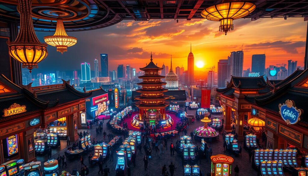 A grand and opulent online entertainment metropolis, with striking architectural features that blend traditional Asian motifs and modern elegance. The foreground showcases a panoramic view of the vibrant gaming floors, adorned with intricate chandeliers and shimmering neon lights that cast a warm, alluring glow. In the middle ground, dynamic crowds of players engage in a variety of thrilling table games and slot machines, immersed in the electric atmosphere. The background reveals the city's stunning skyline, highlighted by towering pagodas and lavish high-rise hotels, all bathed in a rich, golden sunset. This image exudes a sense of luxury, excitement, and the unique cultural charm that defines the premier online entertainment destination.