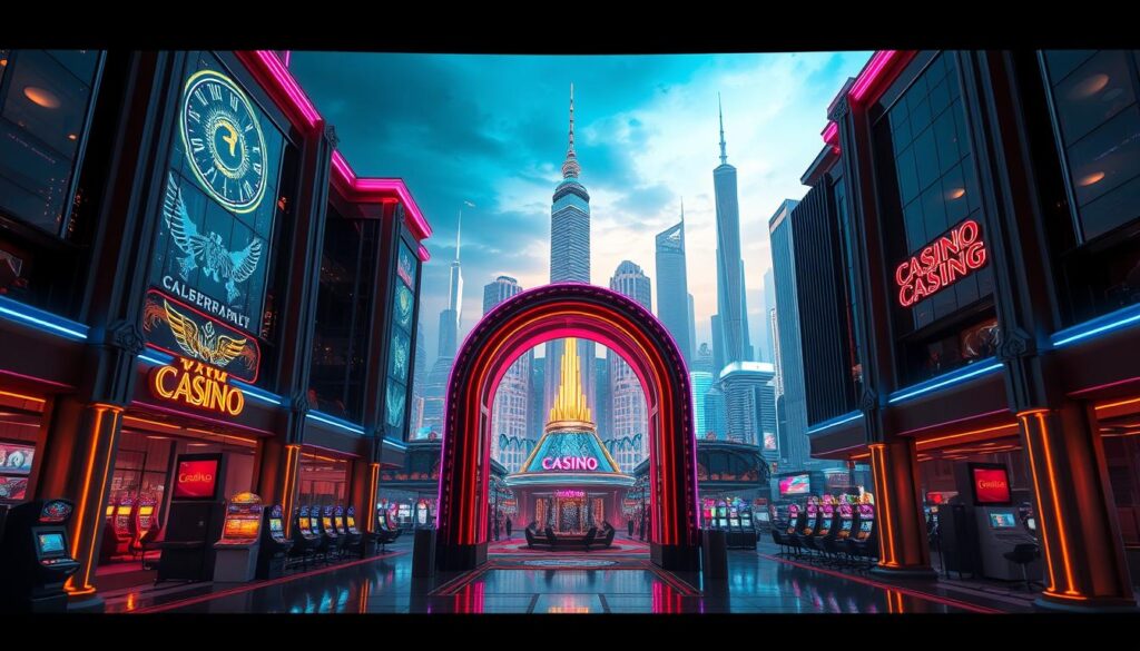 A grand and vibrant digital casino, its facade ablaze with neon lights and shimmering glass. In the foreground, the entrance invites with a grand archway, flanked by towering columns. The middle ground showcases a bustling lobby, with slot machines and gaming tables beckoning players. In the background, a panoramic view of a futuristic cityscape, its skyscrapers and towers reaching for the sky. Crisp lighting casts dramatic shadows, heightening the sense of sophistication and excitement. The overall atmosphere exudes a captivating blend of modernity, opulence, and the thrill of chance. A temple of entertainment, where fortunes are won and lost in the blink of an eye.