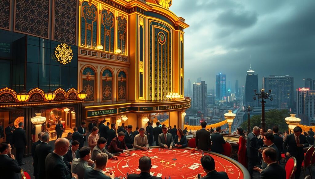 A grand casino facade in the heart of Macau, its golden-tinged architecture and neon lights casting a warm glow on the bustling streets below. In the foreground, a throng of well-dressed patrons gather around a baccarat table, their faces alight with anticipation as the dealer prepares to reveal the cards. The middle ground showcases the game's rich history, with vintage playing cards, gambling chips, and a timeline tracing the origins of this iconic game from its European roots to its rise as a global phenomenon. In the background, a panoramic view of the city skyline, a testament to the scale and influence of this timeless pastime.