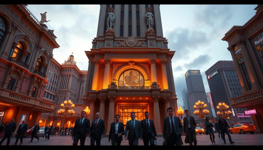 A grand casino facade, towering and inviting, stands before a bustling cityscape. The architecture exudes an air of opulence, with intricate carvings and gilded accents catching the warm evening light. The entrance is flanked by imposing columns, conveying a sense of grandeur and legitimacy. In the foreground, well-dressed patrons stroll confidently towards the inviting doorway, their expressions suggesting an air of excitement and trust. The scene is suffused with a sense of luxury and sophistication, hinting at the allure and perceived trustworthiness of this establishment. However, a closer inspection reveals subtle details that may undermine this facade, suggesting the need for cautious scrutiny.
