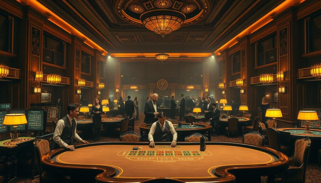 A grand casino hall from the early 20th century, dimly lit by warm, amber-hued lighting that casts a nostalgic glow. In the foreground, a baccarat table is the centerpiece, with elegant croupiers in crisp uniforms presiding over the game. The table is framed by ornate wood paneling and plush, velvet-upholstered chairs, evoking a sense of refined sophistication. In the middle ground, well-dressed patrons gather around other gaming tables, engrossed in the thrilling action of roulette, blackjack, and other classic casino fare. The background is shrouded in a hazy atmosphere, suggesting the hushed excitement and anticipation that pervades the historic gaming hall. A timeless ambiance that captures the essence of baccarat's storied past.
