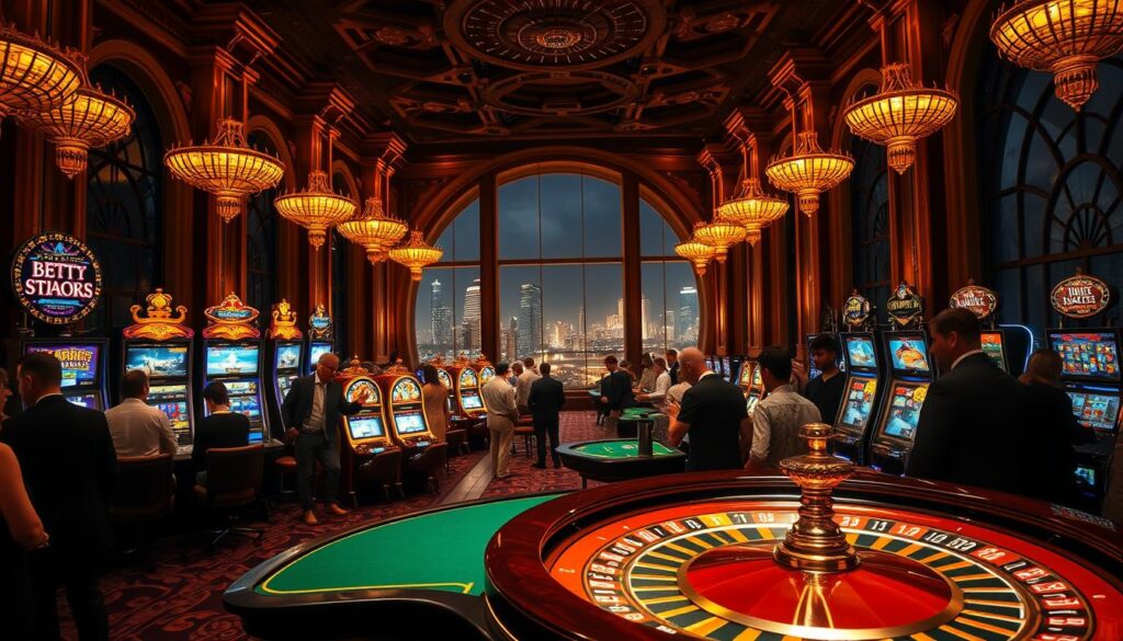 A grand casino interior, dimly lit with warm, golden lighting. In the foreground, a roulette table surrounded by well-dressed patrons engrossed in the game, their faces illuminated by the green felt surface. In the middle ground, rows of ornate slot machines beckon players, their screens flickering with colorful symbols. The background reveals a panoramic view of the city skyline through tall, arched windows, hinting at the long history and cultural legacy of this gambling establishment. The atmosphere is one of excitement, risk, and the allure of Lady Luck, capturing the essence of the gambling culture and its evolution over time.