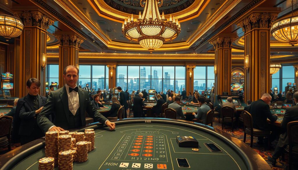 A grand casino interior filled with opulent details. In the foreground, a high-end gaming table with stacks of poker chips and a dealer decked out in a crisp tuxedo. Behind it, a lavish chandelier casts a warm glow over the scene. In the middle ground, well-dressed patrons gathered around various games of chance, expressions rapt with anticipation. The background features a panoramic view of the casino floor, ornate columns, and floor-to-ceiling windows offering a glimpse of the glittering city skyline outside. The overall atmosphere is one of sophistication, excitement, and the thrill of potentially life-changing winnings.