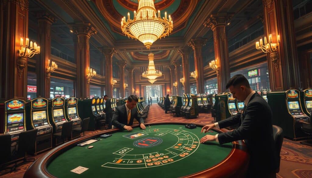 A grand casino interior, the air thick with anticipation. In the foreground, a baccarat table takes center stage, its green felt beckoning players to test their luck. Dealers in crisp uniforms manage the game with practiced precision, chips clinking as they exchange hands. The middle ground reveals rows of gleaming slot machines, their lights flashing hypnotically. Towering chandeliers cast a warm, golden glow, illuminating the ornate architectural details - carved columns, gilded accents, and plush carpeting. The background hints at the bustling energy beyond, with the faint sound of chatter and the clink of glasses. A sense of controlled chaos, where fortunes are won and lost in the blink of an eye.