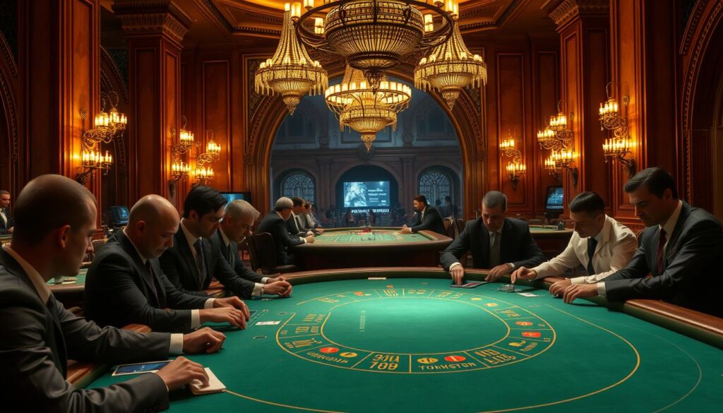 A grand casino interior with a central baccarat table, the green felt surface gleaming under warm, diffused lighting. Around the table, players and dealers engaged in intense, strategic gameplay, expressions of focus and caution. The background is a mix of rich, mahogany wood paneling and ornate chandeliers casting a subtle, golden glow. Intricate architectural details, such as columns and arched doorways, frame the scene, conveying a sense of prestige and exclusivity. The overall atmosphere is one of calculated risk and high-stakes decision-making, reflecting the careful management of baccarat's inherent uncertainties.