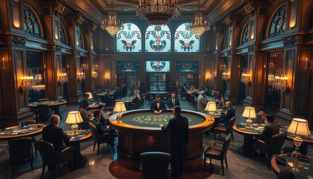 A grand casino interior with elegant decor and luxurious furnishings. Marble floors, gilded columns, and crystal chandeliers create an opulent atmosphere. In the center, a large baccarat table is surrounded by players engrossed in the game, their faces illuminated by the warm glow of table lamps. The dealer, dressed in a crisp tuxedo, deals the cards with precision. Soft lighting filters through stained glass windows, casting a warm, contemplative mood over the scene. The overall impression is one of refined sophistication and the thrill of high-stakes gaming.