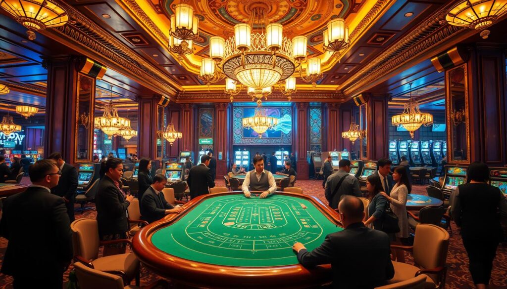 A grand casino interior with ornate chandeliers and intricate architectural details. The centerpiece is a gleaming baccarat table, surrounded by well-dressed patrons engrossed in the game. Soft, warm lighting casts a subtle glow, creating an atmosphere of elegance and excitement. The table's green felt surface is immaculately maintained, and the dealer's movements are fluid and precise. In the background, glimpses of other gaming tables and slot machines can be seen, hinting at the bustling energy of the casino. The overall scene conveys the allure and prestige of Macau's renowned gambling establishments.