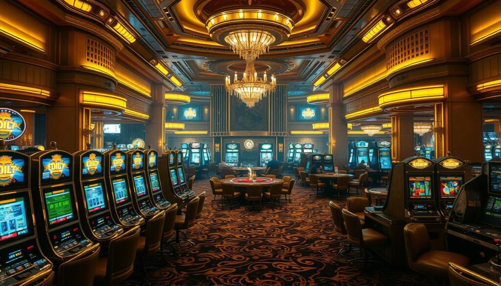 A grand casino's game floor, bathed in warm golden lighting and opulent decor. In the foreground, rows of gleaming slot machines beckon with their vibrant displays. At the center, a luxurious lounge area with plush leather seating and a grand chandelier overhead. In the background, high-stakes tables are bustling with players, the clinks of chips and muted conversations creating an atmosphere of excitement and anticipation. The whole scene exudes an air of sophistication and indulgence, inviting the viewer to explore the diverse gaming options within this premier entertainment complex.