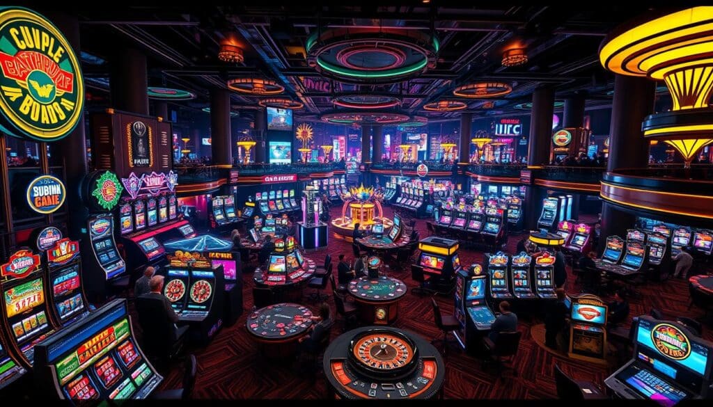 A grand gambling entertainment hall, its interior aglow with neon lights and the energetic buzz of gaming. In the foreground, a diverse array of casino classics - slots, blackjack, roulette, and more - each with their own alluring visual elements. The middle ground showcases high-stakes table games, with players immersed in the thrill of the competition. In the background, a panoramic view of the entire gaming floor, a kaleidoscope of flashing screens, spinning wheels, and the anticipation of big wins. The lighting is dramatic, casting long shadows and accentuating the opulent decor. The overall atmosphere is one of excitement, risk, and the promise of fortune, inviting the viewer to step into the heart of this competitive entertainment mecca.