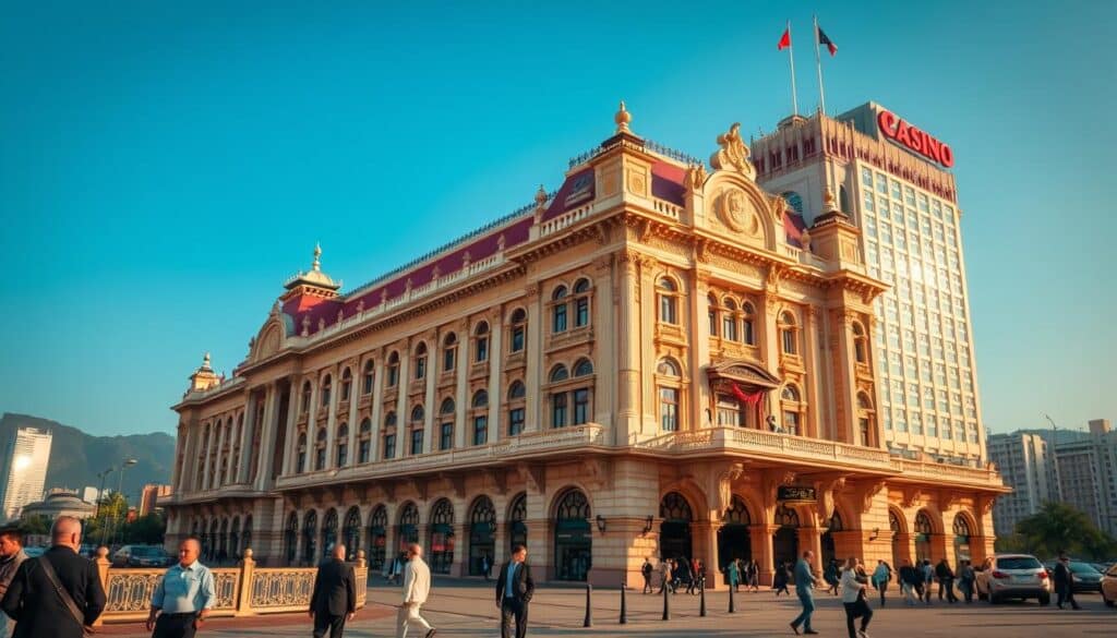 A grand historic casino in Macau, its elegant facade gleaming in the warm afternoon light. The ornate European-inspired architecture stands majestically, a testament to the city's storied gambling heritage. In the foreground, smartly dressed patrons stroll the promenade, while in the background, the iconic Macau skyline rises up, framing this iconic landmark. The scene conveys a sense of timeless luxury and opulence, capturing the essence of Macau's renowned gambling culture and its deep historical roots.